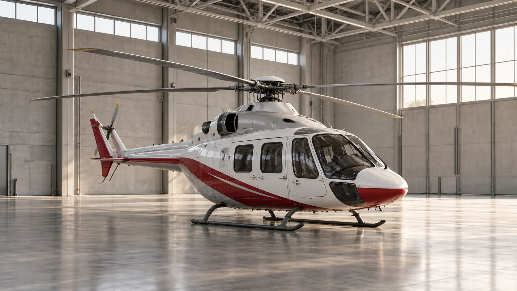 Illustrative helicopter in a technical aviation hangar