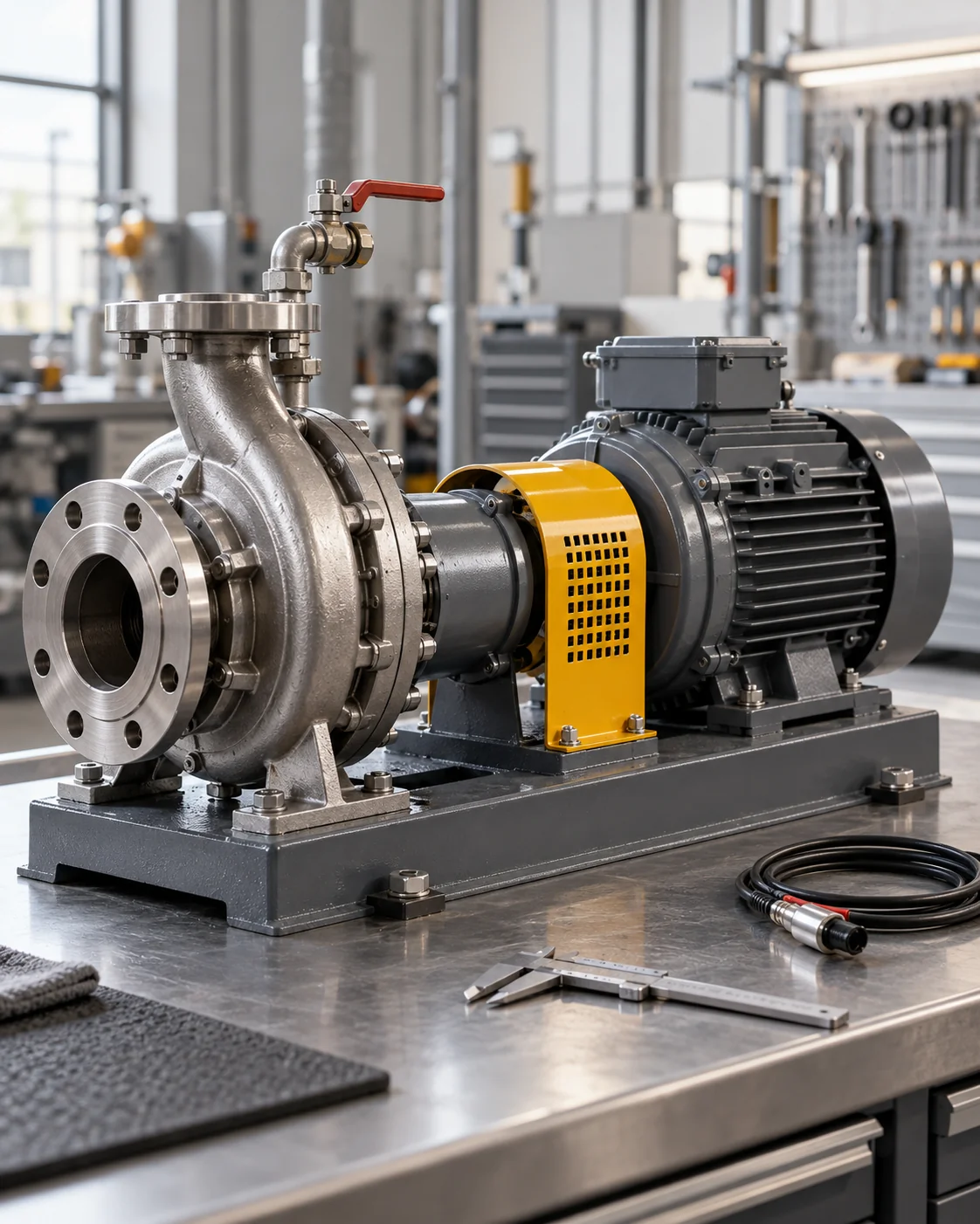 Silver industrial pump and motor on a maintenance bench, with a yellow coupling guard, red valve handle and inspection tools