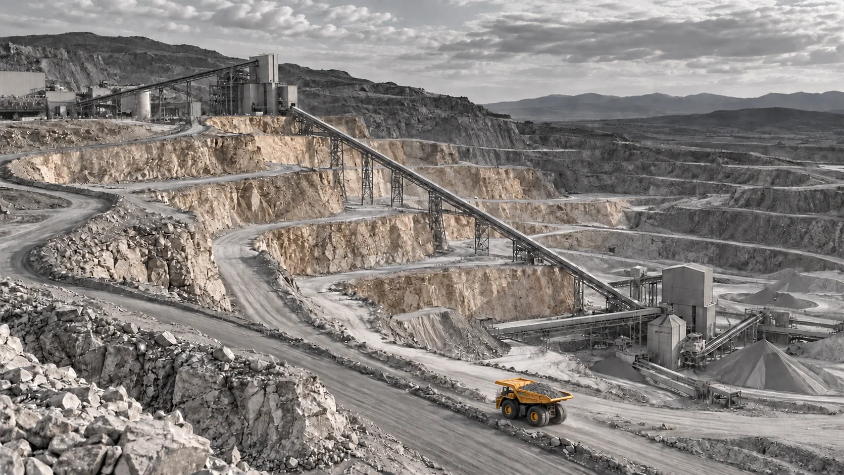 Illustrative aerial terraced mine and conveyor infrastructure