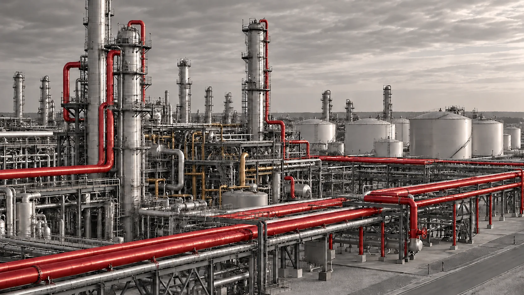 Illustrative refinery, processing installations and pipelines