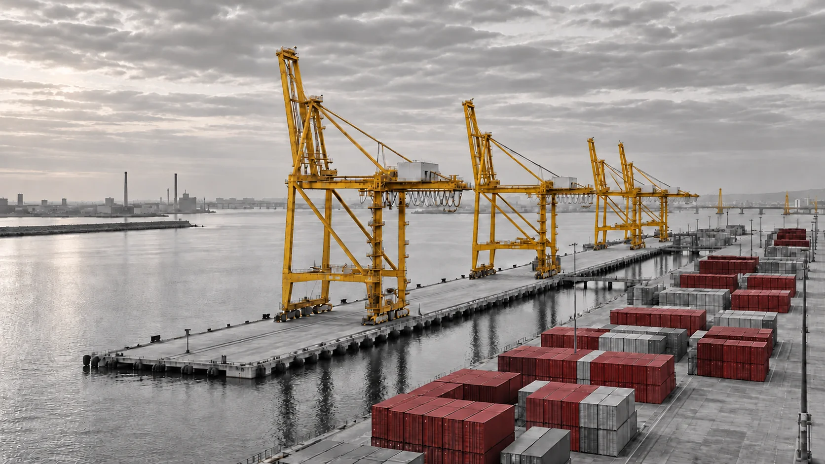 Illustrative logistics port with yellow cranes