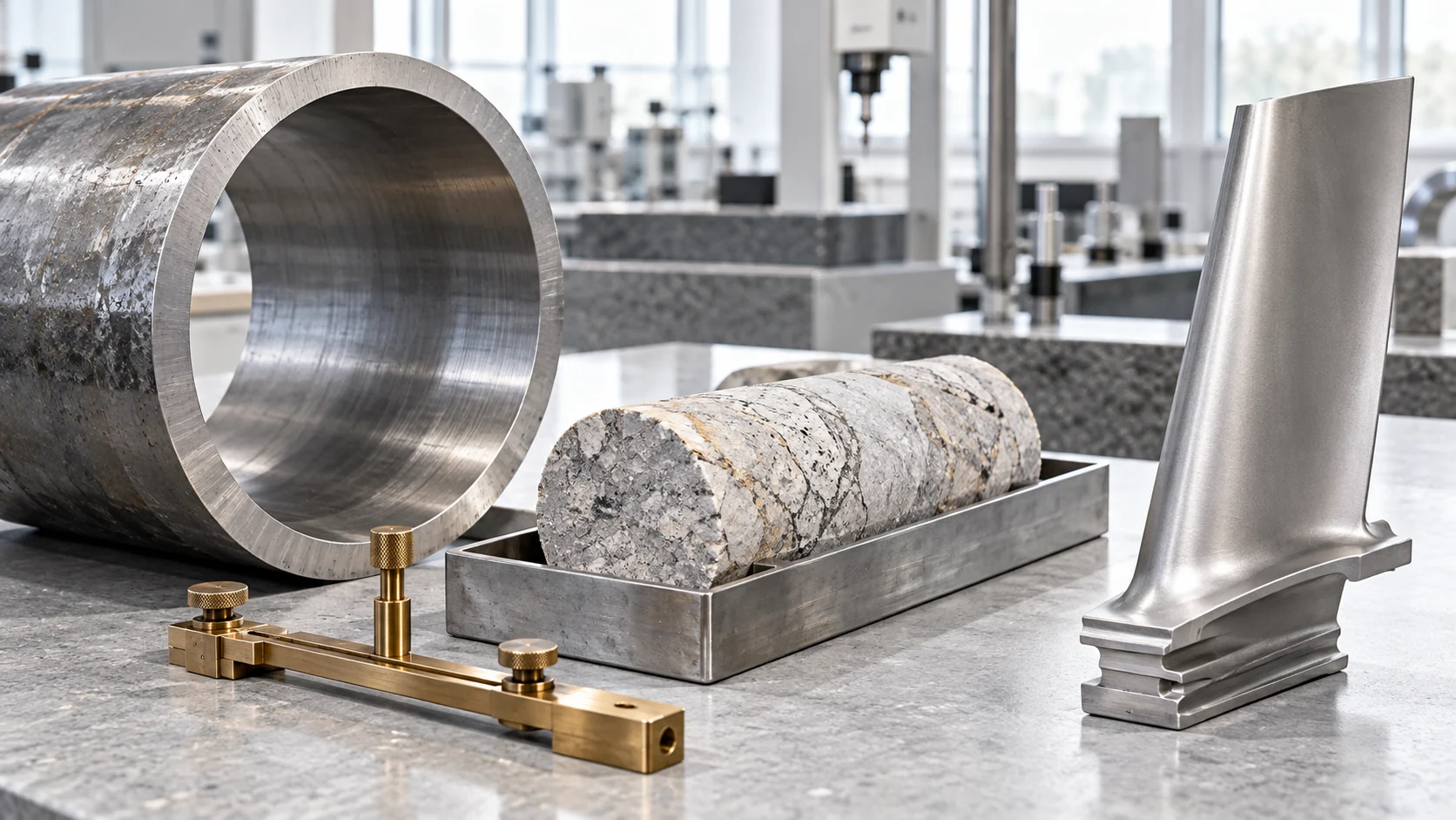 Illustrative industrial material specimens and an aged-brass measuring fixture on an inspection bench