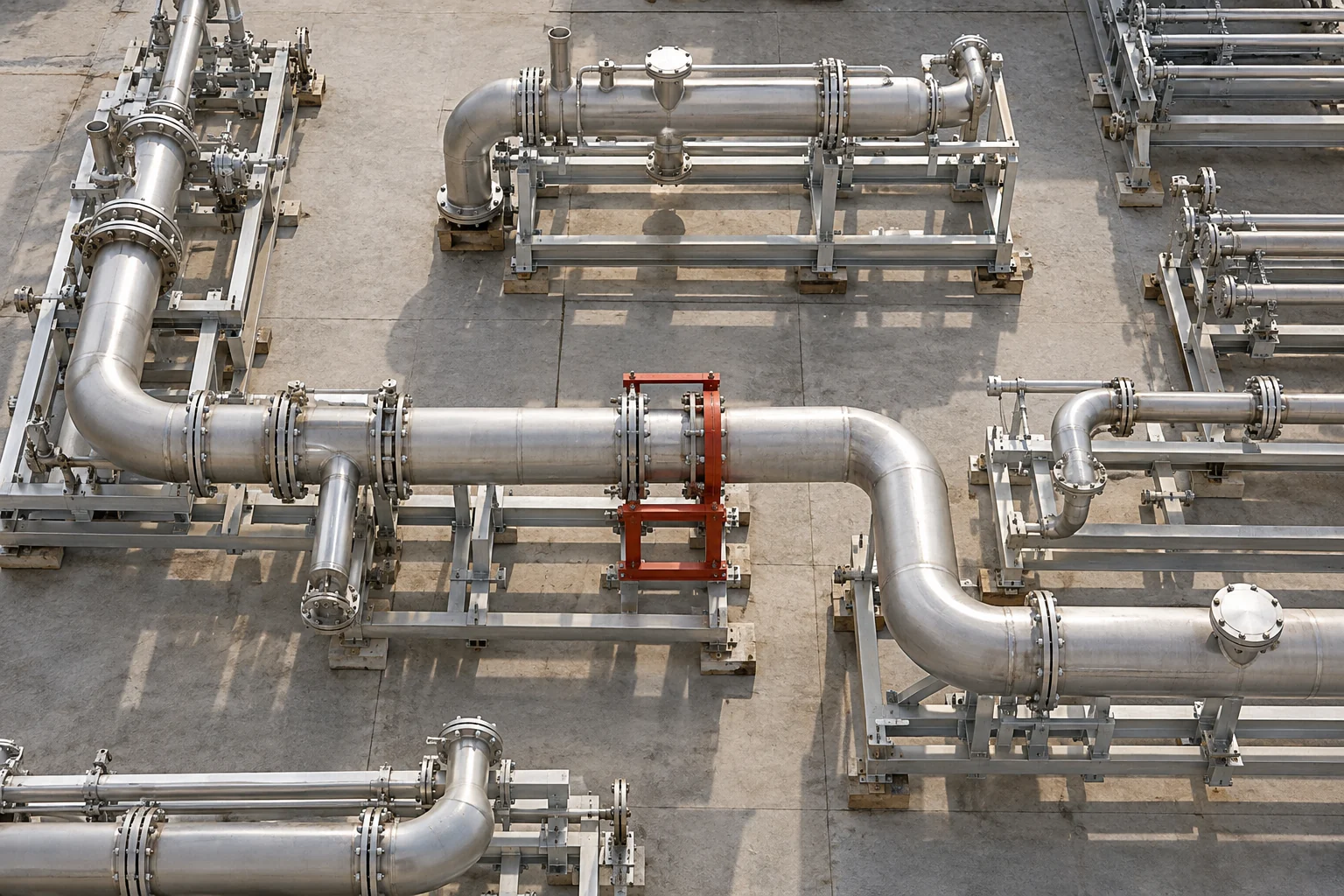 Illustrative pipe modules arranged in an assembly sequence with a red positioning fixture