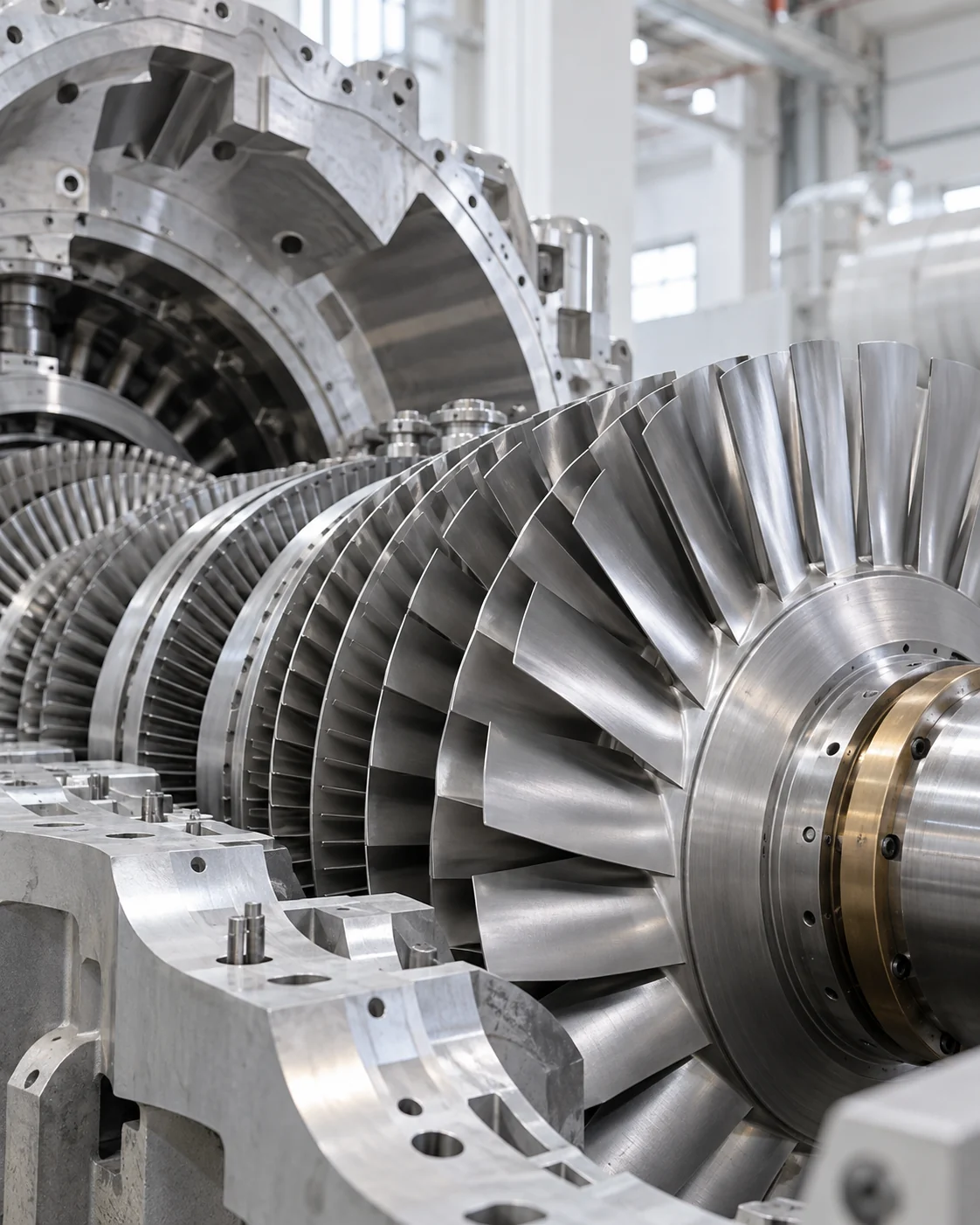 Illustrative turbine casing and precision blades with a restrained brass detail