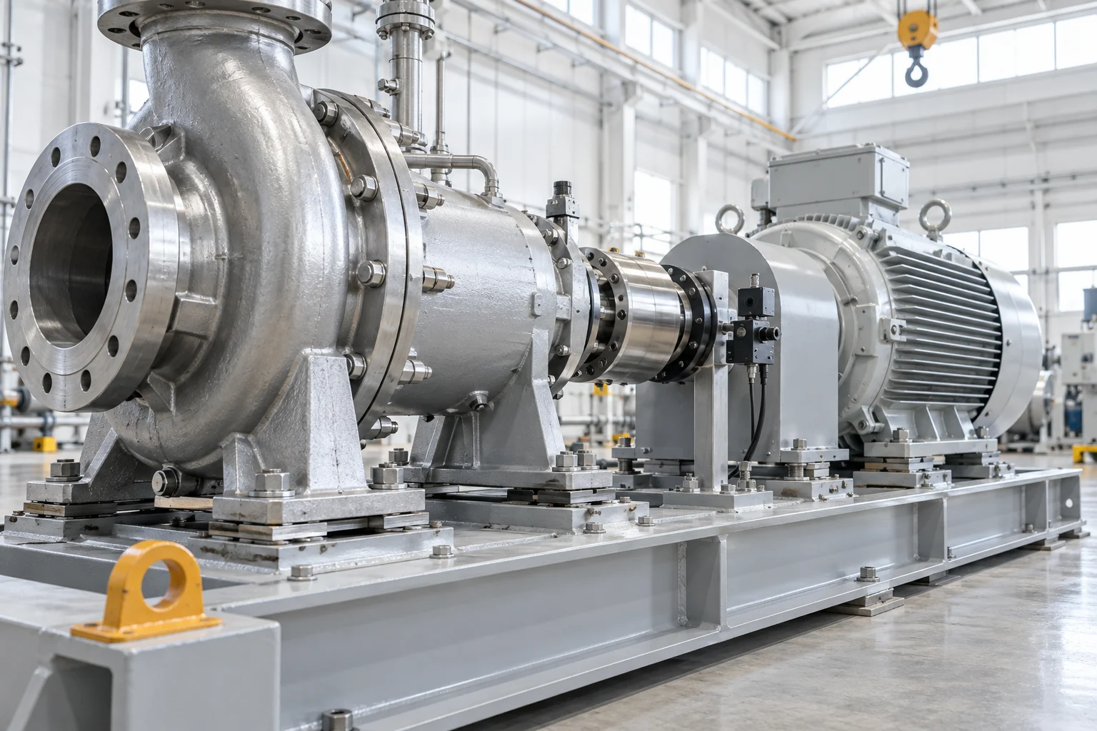 Illustrative pump and motor installation with an alignment bracket and amber lifting lug