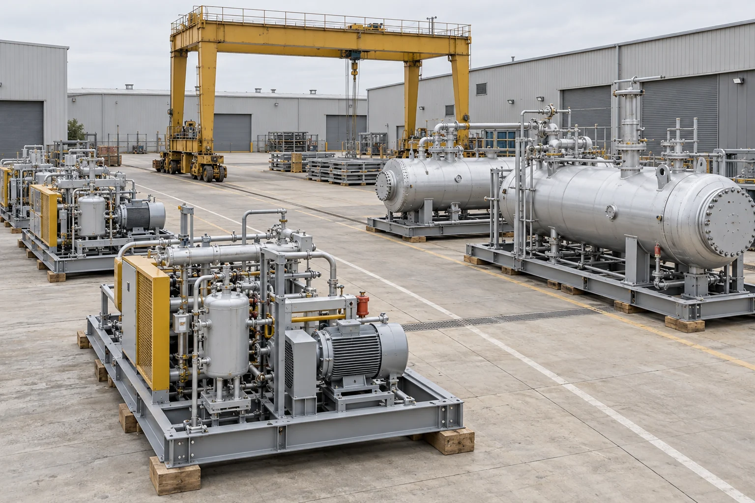 Illustrative staged equipment modules in a mobilization yard with a yellow handling gantry